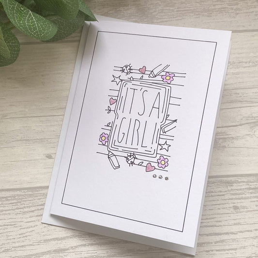 Outline Design Baby Girl Card - 'It's A Girl' Design, Handmade Baby Card