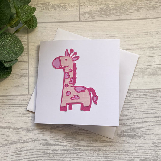 Pink Giraffe Baby Card, Handmade Baby Greetings Card, Baby Girl Card