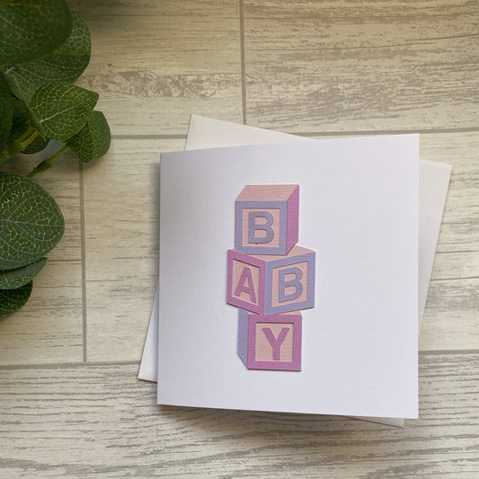 Pink Building Blocks Baby Card, Handmade Baby Greetings Card, Baby Girl Card