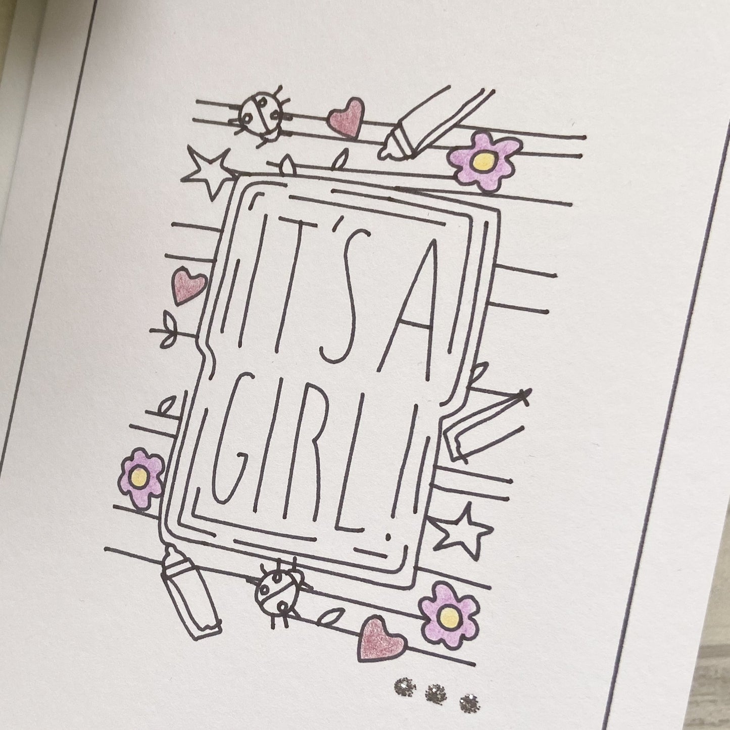 Outline Design Baby Girl Card - 'It's A Girl' Design, Handmade Baby Card