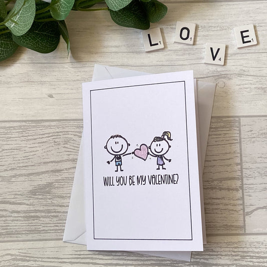 Greetings Card - Will You Be My Valentine - Characters With Heart