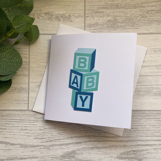 Blue Building Blocks Baby Card, Handmade Baby Greetings Card, Baby Boy Card